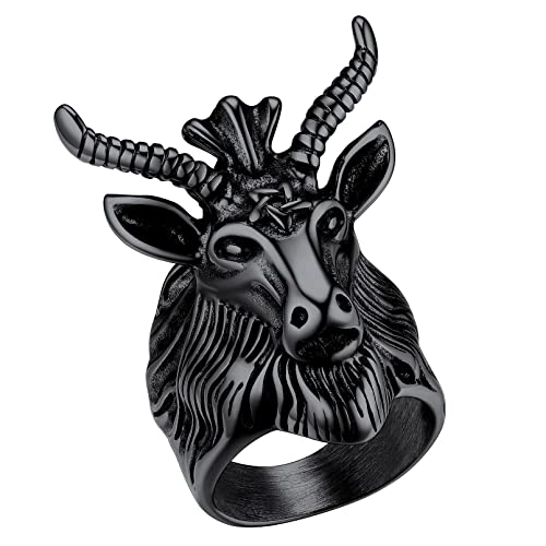 FaithHeart Schwarz Siegelring für Herren Männer Ziegenkopf Ring mit Inverted Pentagram Punk Biker Ring in Größe 57 mit Geschenkebox für Paar Pärchen von FaithHeart