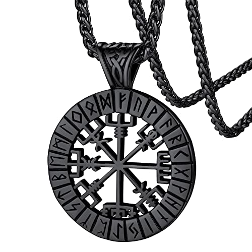 FaithHeart Schwarz Viking Kompass Anhänger Wikinger Vegvisir Halskette mit Rune Symbol Nordischer Amulett für Freund Ehemann von FaithHeart