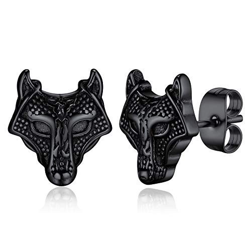 FaithHeart Schwarz Viking Wolfkopf Ohrstecker mit Keltischer Knot Symbol Wikinger Wolfkopf Ohrschmuck mit Geschenkebox für Herren Jungen Model von FaithHeart