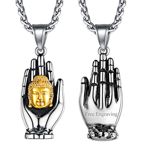 FaithHeart Edelstahl Buddha Kopf Kette mit Gravur Buddhistische Glückskette Buddha in der Hand Schmuck mit Geschenkebox für Herren und Männer von FaithHeart