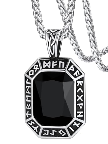 FaithHeart Silber Onyx Schmuck für Damen Herren, Edelstahl Wikinger Rune Halskette mit Schwarzer Onyx Stein，Schutz Amulett für Mama Papa Geliebte von FaithHeart