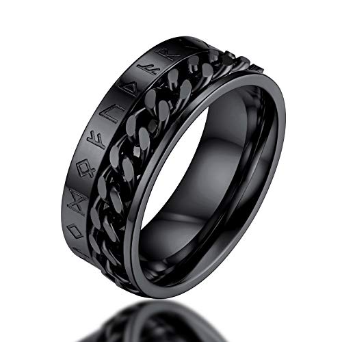 FaithHeart Schwarz Fingerring mit Rune Symbol Panzerkette Spinnerring zum drehen Punk Fingerring Partnerring Ehering für Valentinstag Weihnachten von FaithHeart