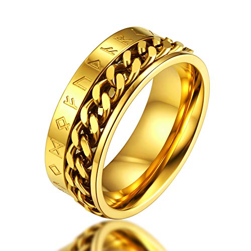 FaithHeart goldener Spinnerring mit Panzerkette Mittelring zum drehen Viking Rune Fingerring mit Geschenkebox für Herren Männer Jungen von FaithHeart