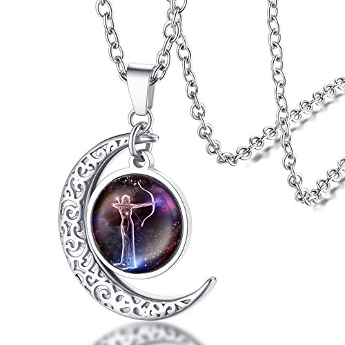 FaithHeart Sternzeichen Schütze Kette Damen Herren Halbmond Anhänger mit 50cm+5cm lang Rolokette Sternbild Krebs Anhänger Horskop Schmuck für Freundin Freunden von FaithHeart