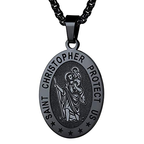 FaithHeart Saint Christophorus Amulett für Herren Damen, Kette mit Schwarzer Ovaler Anhänger, Amulett Accessoires für das Auto von FaithHeart