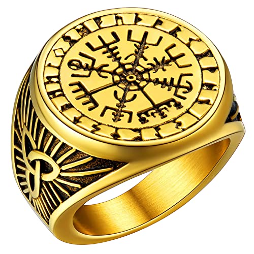 FaithHeart Viking Style Fingerring goldener Vegvisir Fingerring Retro Siegelring Kompass Ring mit Rune Herren Männer Fingerring für Weihnachten Geburtstag von FaithHeart