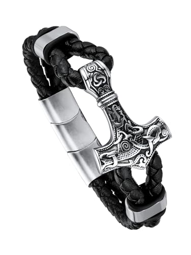 FaithHeart Wikinger Armreif herren männer Mjölnir Lederarmband Punk Armband Retro Thors Hammer 23cm lang Viking Schmuck mit Geschenkebox für Vatertag Geburtstag von FaithHeart