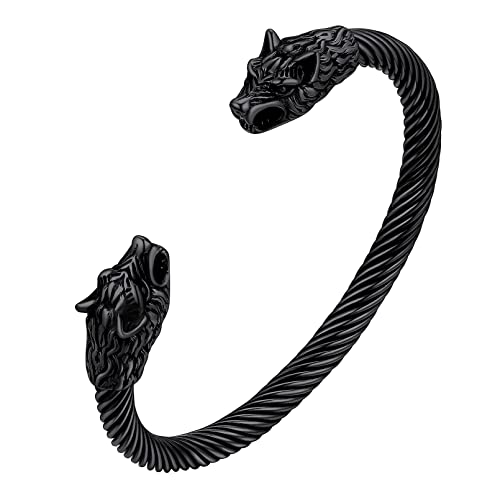 FaithHeart Wikinger Schmuck für Herren Jungen Punk Viking Fenrir Wolfkopf Armreif verstellbares Kettenarmband mit Geschenkebox für Freunden Ehemann von FaithHeart