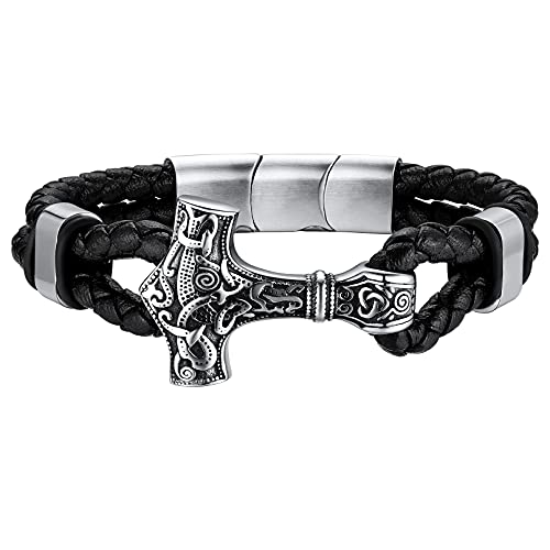 FaithHeart Wikinger Schmuck herren männer Mjölnir Lederarmband mit Gravur Punk Armband Retro Thors Hammer 21cm lang Viking Armband mit Geschenkebox für Vatertag Geburtstag von FaithHeart