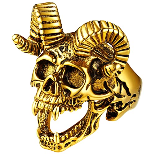 FaithHeart gold Fingerring für Herren Männer Goat Skull Ring in Größe 57 Satanischer Schaf Schädel Fingerring Punk Biker Ring mit Geschenkebox für Paar Pärchen von FaithHeart