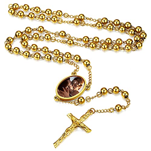 FaithHeart goldene Rosenkranz Halskette mit Bild Gravur Personalisierte Rosenkranz Kette für Damen Herren von FaithHeart
