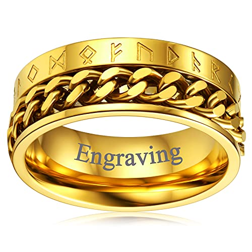 FaithHeart goldener Fingering Spinnerring Retro Viking Rune Ring mit Kette Mittelring zum drehen Partnerring Freundschaftsring Ehering mit Geschenkebox für Alltag Party von FaithHeart