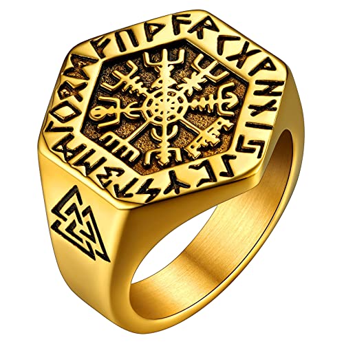 FaithHeart goldener Nordischer Kompass Fingerring in Größe 62.1 Viking Style Vegvisir Ring Wikinger Rune Fingerring Partnerring Freundschaftsring für Herren Männer von FaithHeart