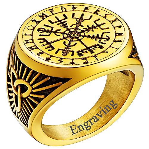 FaithHeart goldener Statement Vikings Kompass Ring in Umfang 64.6mm Wikinger Kompass Amulett Siegelring mit Vegvisir Partnerring Freundschaftsring mit Namen Text Gravur für Paar Pärchen von FaithHeart