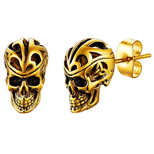 FaithHeart goldener Totenkopf Ohrring Punk Hip pop Skull Schädel Ohrstecker Gotik Ohrpiercing mit Geschenkebox für Halloween Weihnachten von FaithHeart