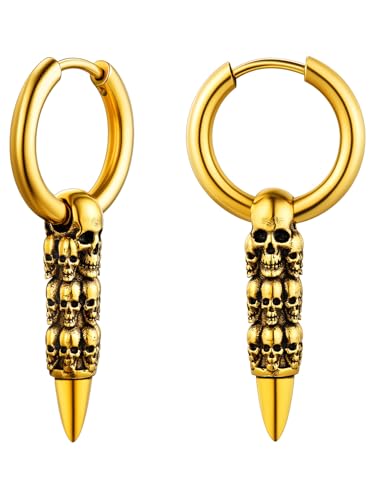 FaithHeart goldener Totenkopf Ohrstecker Punk Piercing Patrone Ohrstecker Schädel Kreolen Huggie Ohrring mit Geschenkebox für Geburtstag Vatertag von FaithHeart