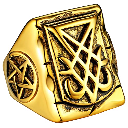 FaithHeart Herren Männer Pentagramm Fingerring Statement Bandring Punk Siegel von Luzifer Bandring Hip pop Partnerring Freundschaftsring mit Geschenkebox von FaithHeart