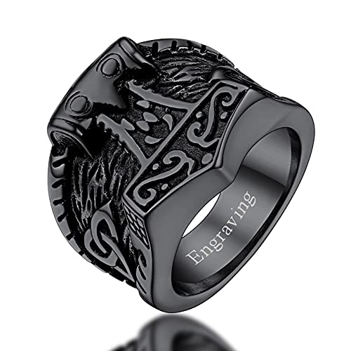FaithHeart personalisierter Herren Siegelring Retro Viking Thors Hammer Fingerring Schwarz Mjölnir Ring Jungen Partnerring Freundschaftsring für Valentinstag Weihnachten von FaithHeart