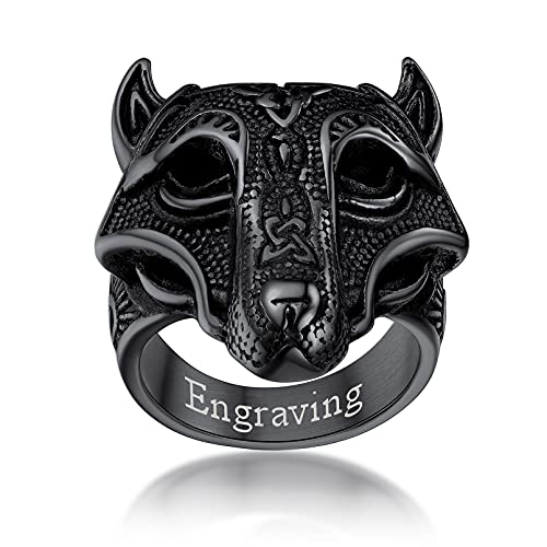 FaithHeart personalisierter Herren Siegelring Retro Viking Wolfskopf Fingerring Schwarz Jungen Partnerring Freundschaftsring für Valentinstag Weihnachten von FaithHeart
