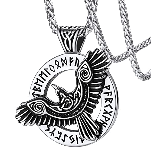 FaithHeart personalisierter Viking Raven Kette mit Rune Symbol Nordischer Krähe Anhänger mit Rune Wikinger Rabe Halskette für Herren Jungen von FaithHeart