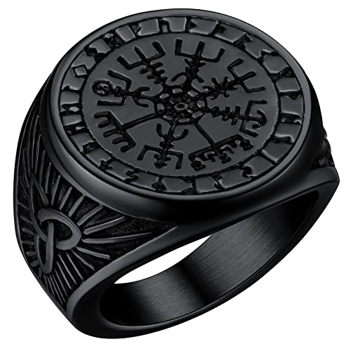 FaithHeart schwarz Fingerring für Herren Männer Viking Vegvisir Ring Vintag Kompass Fingerring mit Rune Viking Fingerring mit Geschenkebox für Freunden Ehemann von FaithHeart