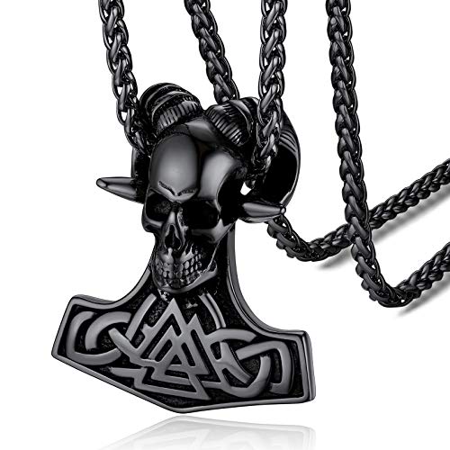 FaithHeart schwarz Mjölnir Anhänger für Herren Jungen, Edelstahl Thors Hammer Anhänger Halskette, Retro Stil Viking Amulett mit 55cm+5cm Weizenkette von FaithHeart