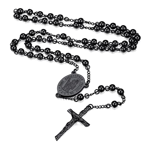 FaithHeart schwarz Rosenkranz Kette mit Saint Michael Anhänger für damen und Herren Heiliger Michael Rosenkranzkette für Vatertag Muttertag von FaithHeart