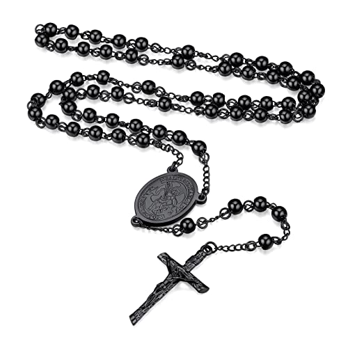 FaithHeart Kreuz Kette Herren Damen Rosenkranzkette für Auto Erzengel Michael Anhänger Halskette Gebetskette Schwarz Edelstahlkette Orthodoxes Rosary Necklace Amulett Schmuck von FaithHeart
