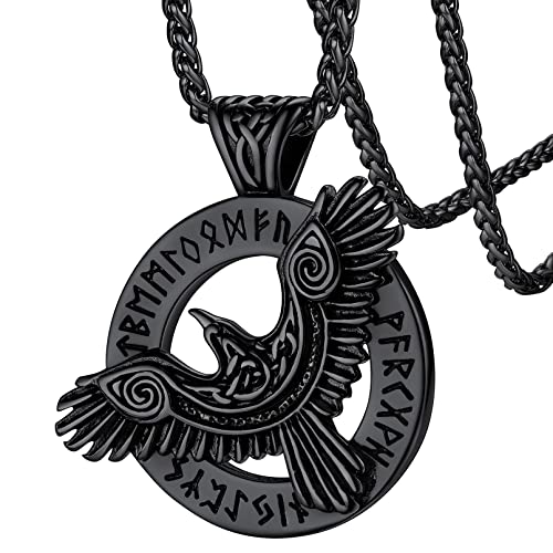 FaithHeart schwarz Viking Rabe Anhänger Halskette Wikinger Krähe Kette Retro Nordischer Krähe Kette mit Rune Symbol für Geburtstag Vatertag Valentinstag von FaithHeart
