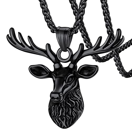 FaithHeart schwarz Vikinger Hirsch Anhänger Halskette, Retro Tier Amulette Kette, Wikinger Hirsch Amulette mit 55cm Weizenkette für Geburtstag Weihnachten Valentinstag von FaithHeart