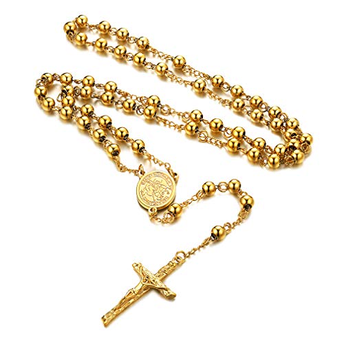 FaithHeart Rosenkranz Kette Gold Damen Herren Kreuzkette für Auto Rosenkranzkette Sankt Michael Halskette Edelstahlkette Orthodoxes Kreuz Rosary Necklace Religiöse Schmuck von FaithHeart