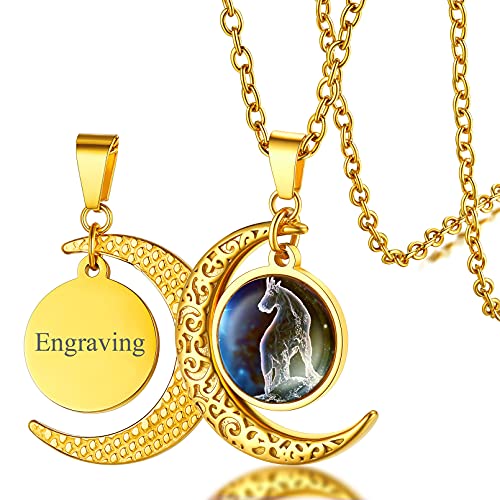 FaithHeart vergoldet Sternbild Steinbock Halskette mit Charm Halbmont Anhänger Herren Damen Sternzeichen Münze Anhänger mit Namen Text Gravur für Geburtstag Valentinstag von FaithHeart