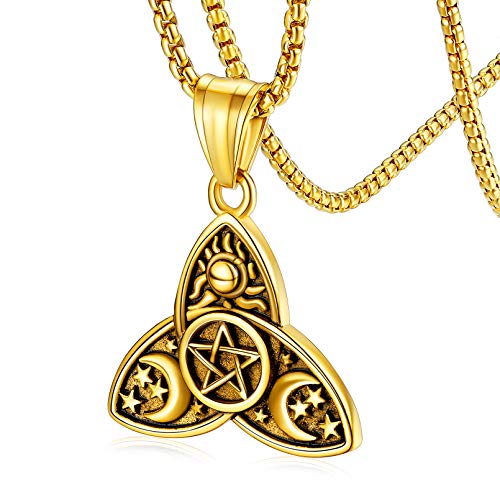 FaithHeart goldener Wicca Keltischer Knot Halskette mit Dreifach Göttin Mond Anhänger Triple Celtic Knot Anhänger Schmuck Herren Damen von FaithHeart