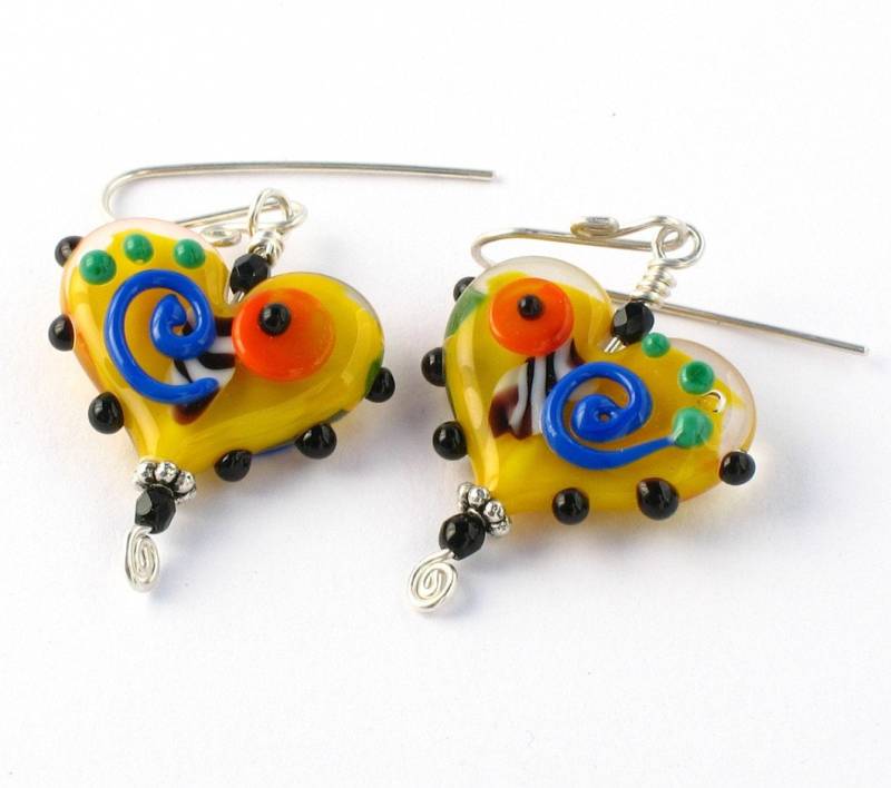 Gelbe Herz Perle Wunderliche Lampworked Flameworked Glas Ohrringe Valentinstag Geschenk Sterling Silber Gelbe Herz Perle Wunderliche Lampworked Flameworked Glas Ohrringe Valentinstag Geschenk Sterling Silber von FaithWickey