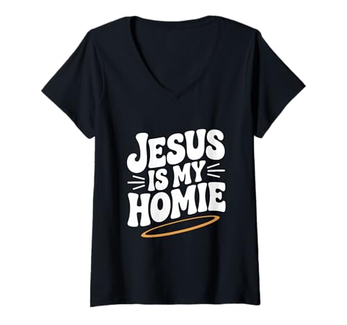 Damen Jesus ist Mein Homie, christlicher Glaube, Humor T-Shirt mit V-Ausschnitt von Faithful Apparel Co. for Believers and Friends