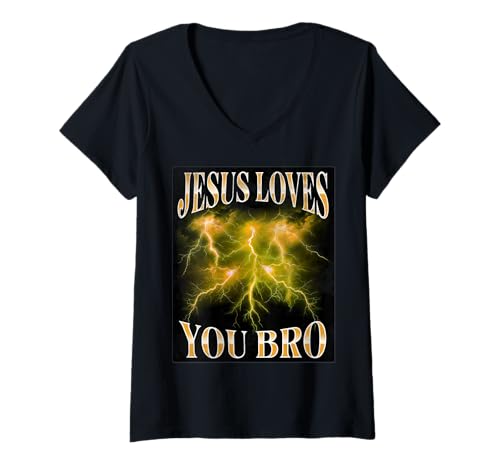 Damen Jesus Loves You Bro Bootleg Style Grafik T-Shirt mit V-Ausschnitt Damen Jesus Loves You Bro Bootleg Style Grafik T-Shirt mit V-Ausschnitt von Faithful Apparel by Spirit of Love Clothing Co.