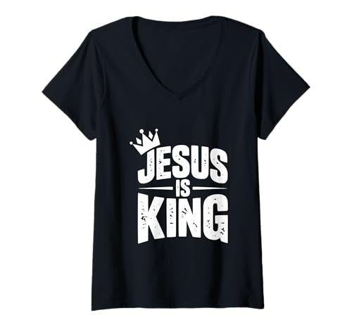 Damen Jesus ist König, inspirierender christlicher Glaube T-Shirt mit V-Ausschnitt Damen Jesus ist König, inspirierender christlicher Glaube T-Shirt mit V-Ausschnitt von Faithful Apparel for Believers and Followers