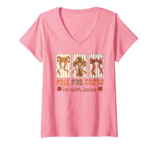 Damen Verliebe Dich in Jesus Er verlässt Niemals christliche Herbstglaubensfrauen T-Shirt mit V-Ausschnitt Damen Verliebe Dich in Jesus Er verlässt Niemals christliche Herbstglaubensfrauen T-Shirt mit V-Ausschnitt von Faithful Autumn Leaves Scripture Apparel Co