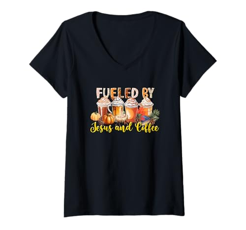 Damen Angetrieben von Jesus und Coffee Fall Vibes T-Shirt mit V-Ausschnitt Damen Angetrieben von Jesus und Coffee Fall Vibes T-Shirt mit V-Ausschnitt von Faithful Coffee Lovers Spiritual Autumn