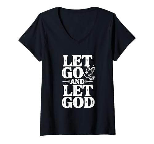 Damen Let Go and Let God Dove Faith inspirierendes Zitat T-Shirt mit V-Ausschnitt Damen Let Go and Let God Dove Faith inspirierendes Zitat T-Shirt mit V-Ausschnitt von Faithful Expressions Clothing Co. for Believers