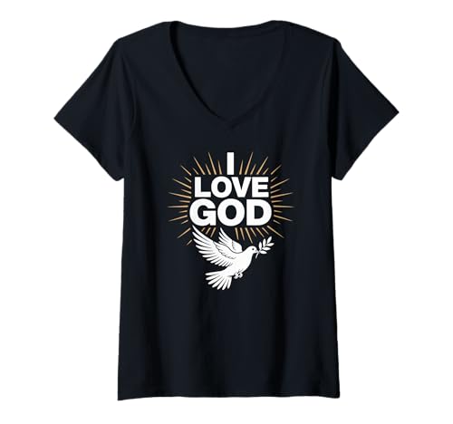 Damen Ich Liebe Gott Taubensymbol Friedlicher Glaube T-Shirt mit V-Ausschnitt Damen Ich Liebe Gott Taubensymbol Friedlicher Glaube T-Shirt mit V-Ausschnitt von Faithful Expressions Spiritual Inspiration