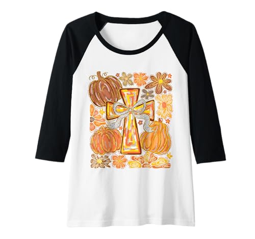 Damen Herbst Kreuz Kürbisse & Blumen Christian Herbst Glaube Frauen Raglan von Faithful Fall Cross Pumpkins and Floral Apparel