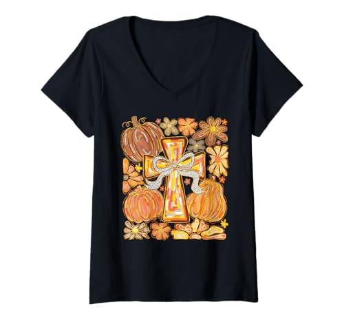 Damen Herbst Kreuz Kürbisse & Blumen Christian Herbst Glaube Frauen T-Shirt mit V-Ausschnitt von Faithful Fall Cross Pumpkins and Floral Apparel