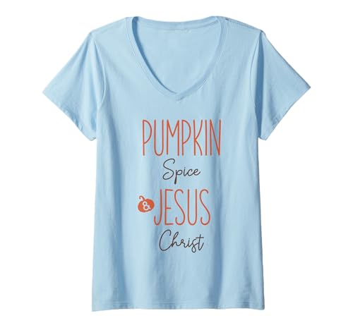 Damen Kürbis Spice und Jesus Christus Christian Fall Faith Grafik T-Shirt mit V-Ausschnitt Damen Kürbis Spice und Jesus Christus Christian Fall Faith Grafik T-Shirt mit V-Ausschnitt von Faithful Harvest Scripture Inspired Apparel Co.