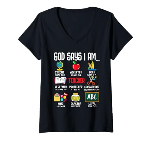 Damen Gott sagt, ich bin Lehrer Zurück zur Schule T-Shirt mit V-Ausschnitt Damen Gott sagt, ich bin Lehrer Zurück zur Schule T-Shirt mit V-Ausschnitt von Faithful Inspirations