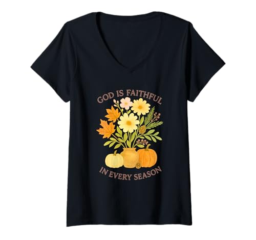 Damen God is Faithful In Every Season Watercolor Fall Pumpkins T-Shirt mit V-Ausschnitt Damen God is Faithful In Every Season Watercolor Fall Pumpkins T-Shirt mit V-Ausschnitt von Faithful Seasons Co.