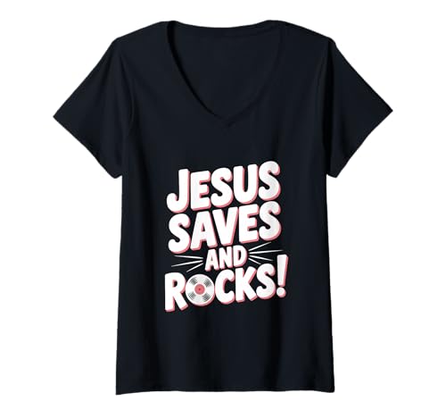 Damen Jesus rettet und rockt! Christlicher Glaube inspirierend T-Shirt mit V-Ausschnitt Damen Jesus rettet und rockt! Christlicher Glaube inspirierend T-Shirt mit V-Ausschnitt von Faithful Spirit Apparel for Believers and Rock