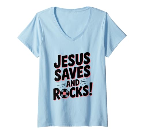 Damen Jesus rettet und rockt! Christlicher Glaube inspirierend T-Shirt mit V-Ausschnitt Damen Jesus rettet und rockt! Christlicher Glaube inspirierend T-Shirt mit V-Ausschnitt von Faithful Spirit Apparel for Believers and Rock