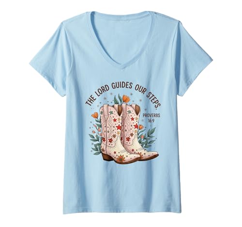 Damen Christian Cowgirl Boots Proverbs 16:9 Bibelvers Western T-Shirt mit V-Ausschnitt Damen Christian Cowgirl Boots Proverbs 16:9 Bibelvers Western T-Shirt mit V-Ausschnitt von Faithful Western Scripture Tee Company