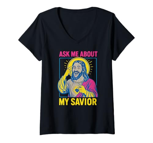 Damen Holy Humor Ask Me About My Savior Fun Herren Christian Faith T-Shirt mit V-Ausschnitt Damen Holy Humor Ask Me About My Savior Fun Herren Christian Faith T-Shirt mit V-Ausschnitt von Faithfully Funny Christian Spiritual Clothing